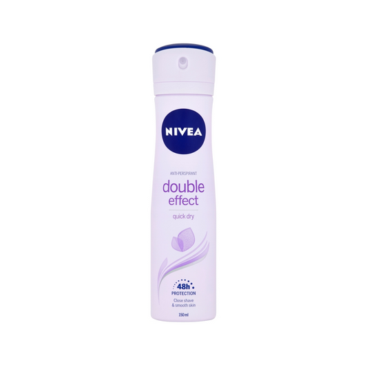 Nivea Double Effect Quick Dry 48H deodorant spray in 150ml bottle, featuring a sleek design and clear label.