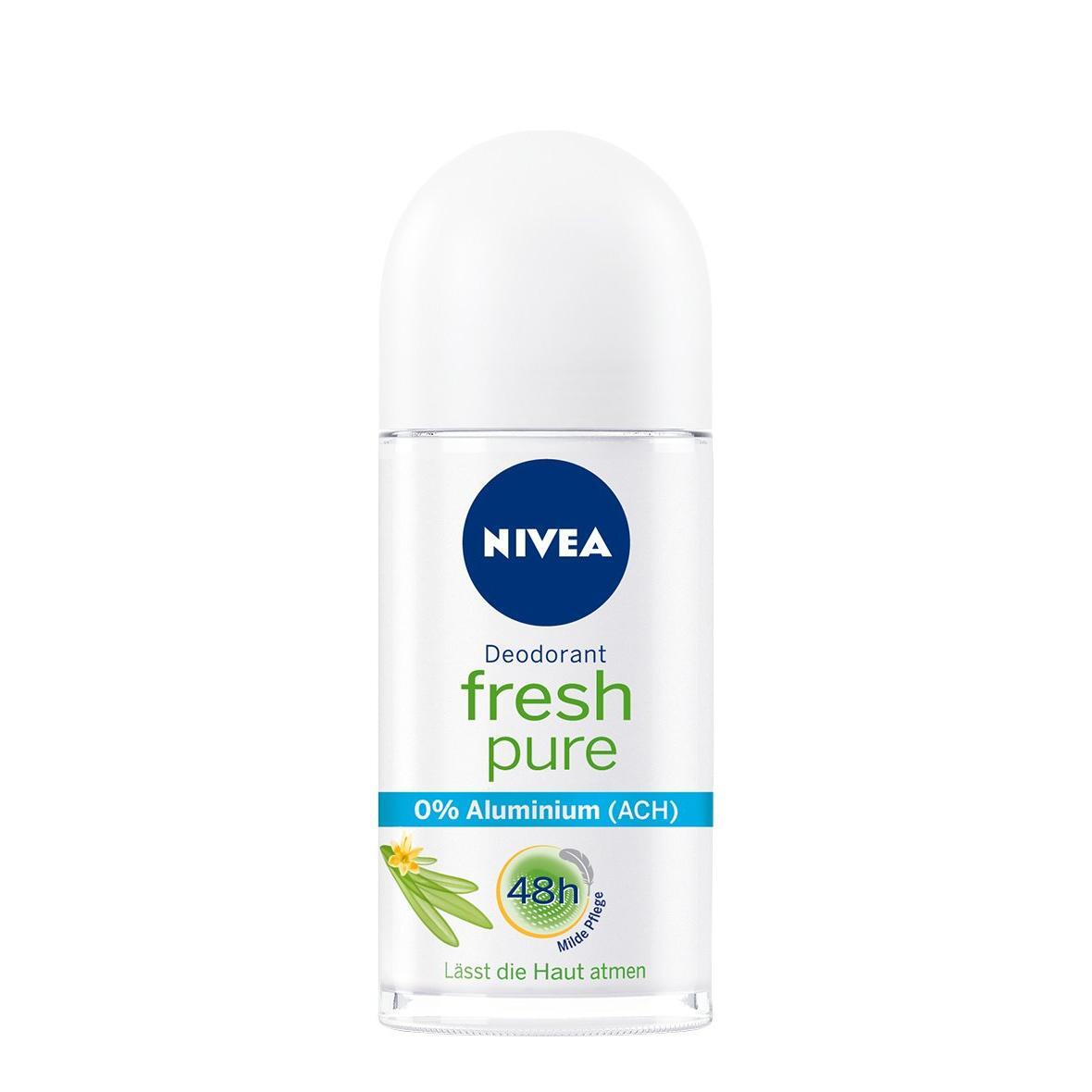 Nivea Fresh Pure 0% Aluminum deodorant roll-on, 48-hour protection, 50ml, from Pasteur Pharmacy.
