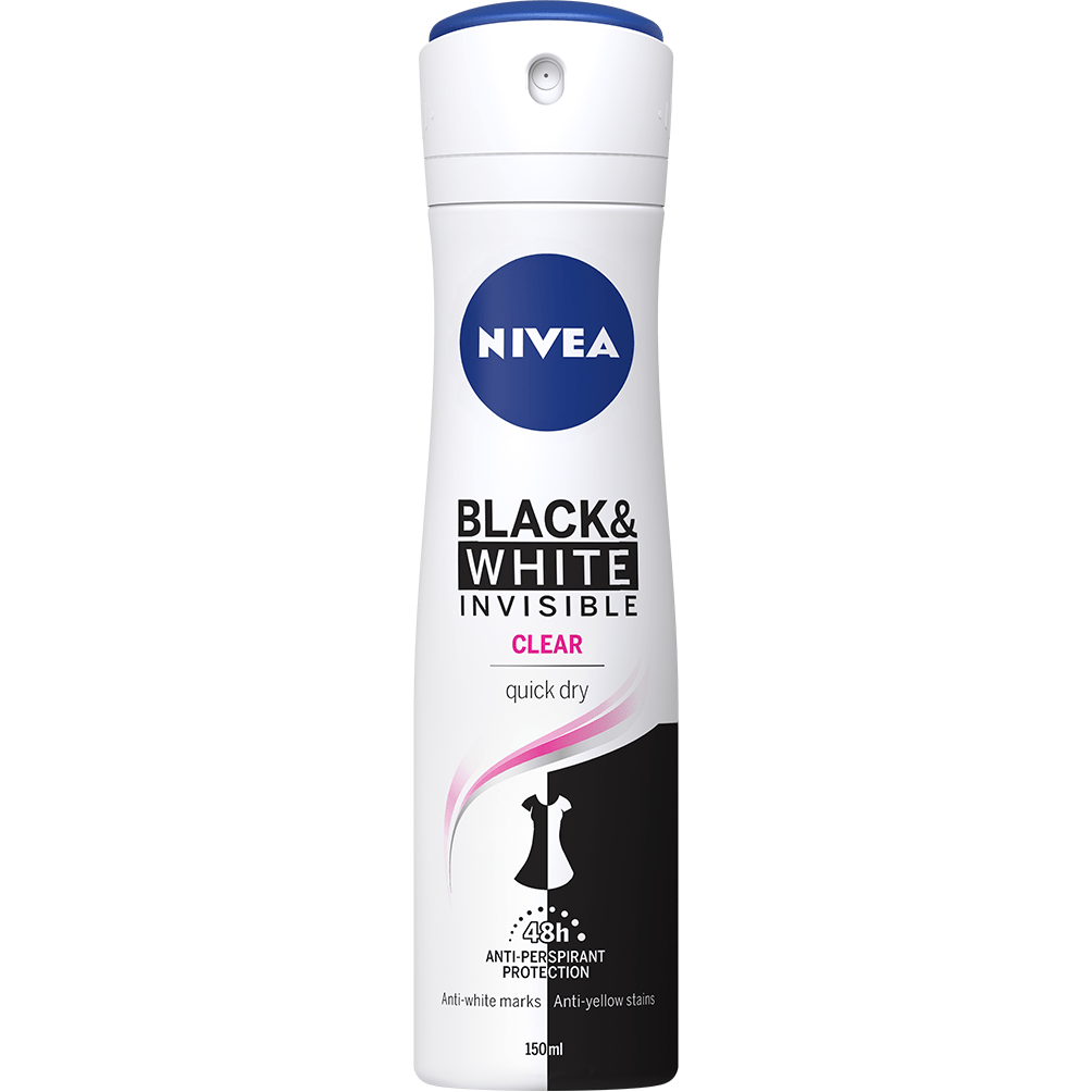 Nivea Invisible Black and White Clear Quick Dry Deodorant 150ml in spray bottle, designed to prevent stains and provide quick-drying freshness