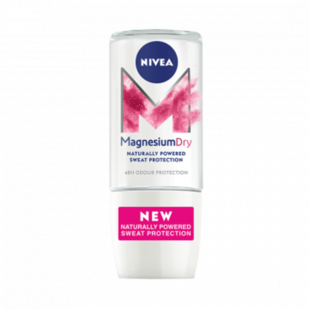 Nivea Magnesium Dry Roll-on Deodorant for 48-hour freshness, 50ml, with a clear bottle and roll-on applicator.
