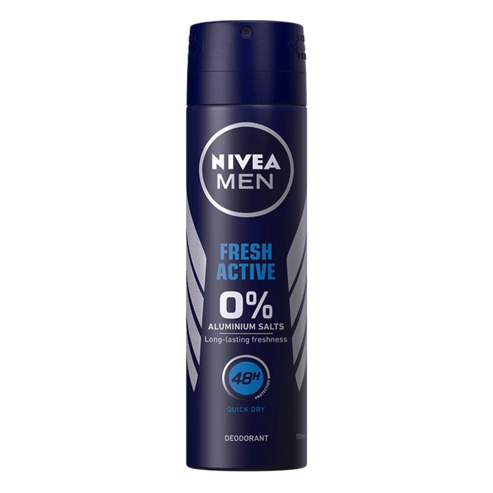 Nivea Men Fresh Active antiperspirant deodorant spray in 150ml bottle, designed for men's freshness and odor protection.