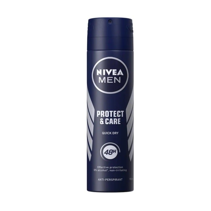 Nivea Men Protect & Care antiperspirant deodorant spray in 150ml bottle, featuring a blue and white design and spray nozzle.