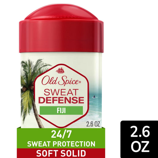 Old Spice Fiji Sweat Defense antiperspirant deodorant stick with blue packaging and fresh tropical scent.