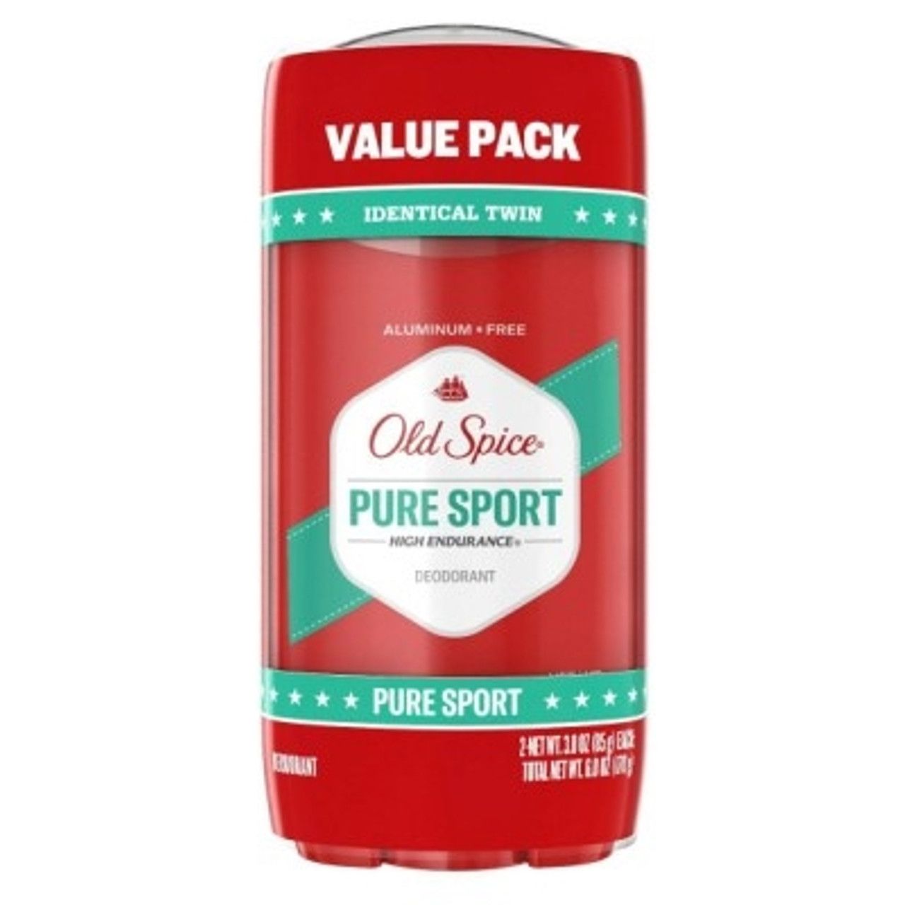 Old Spice High Endurance Deodorant for Men, aluminum-free, Pure Sport scent, 3 oz twin pack, fresh scent, in a cardboard box