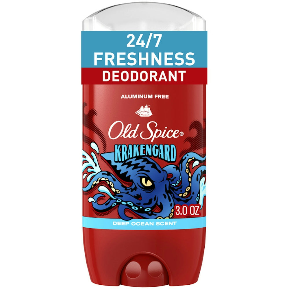 Old Spice Wild Collection Aluminum Free Deodorant for Men, Krakengard scent, 3 oz, provides 48-hour odor protection.