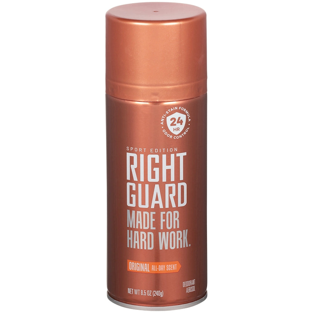 Right Guard deodorant aerosol in 8.5 oz, original all-day scent, with a sleek spray can design for effective odor protection