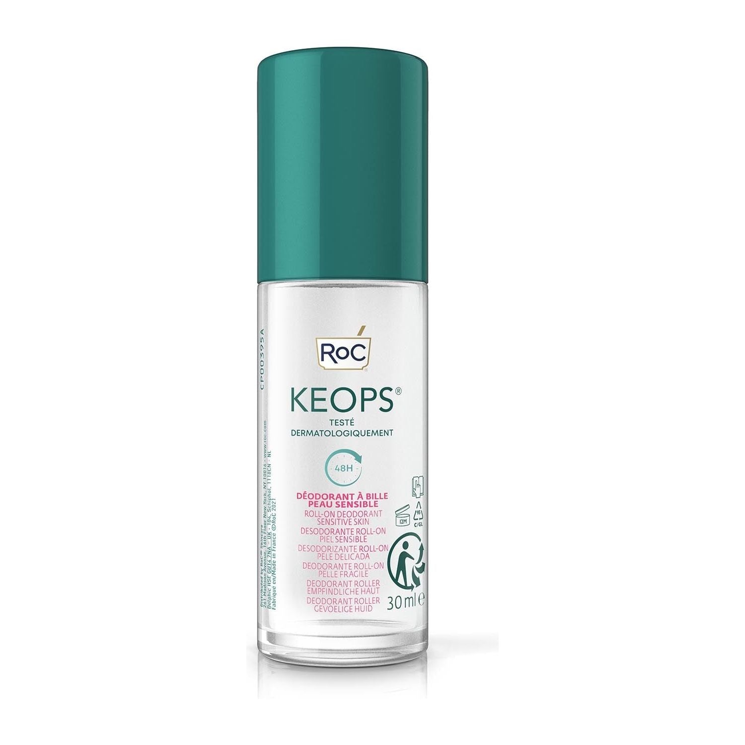 Roc Keops Sensitive deodorant roll-on in 30ml bottle, featuring a clear liquid formula for gentle, effective underarm freshness.