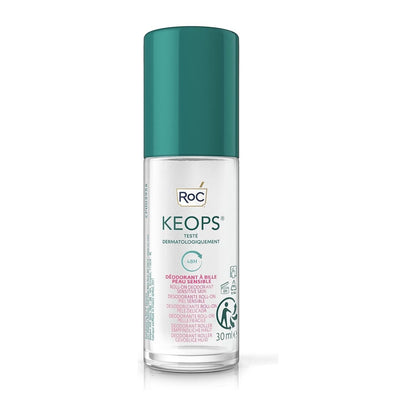 Roc Keops Sensitive deodorant roll-on in 30ml bottle, featuring a clear liquid formula for gentle, effective underarm freshness.