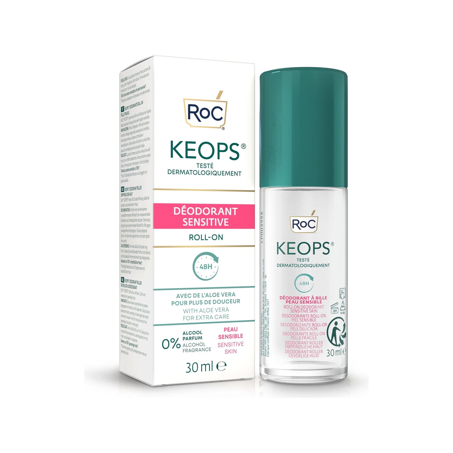 Pasteur Pharmacy Roc Keops Sensitive deodorant roll-on, 30ml/1oz, showing the clear deodorant bottle with label and cap.