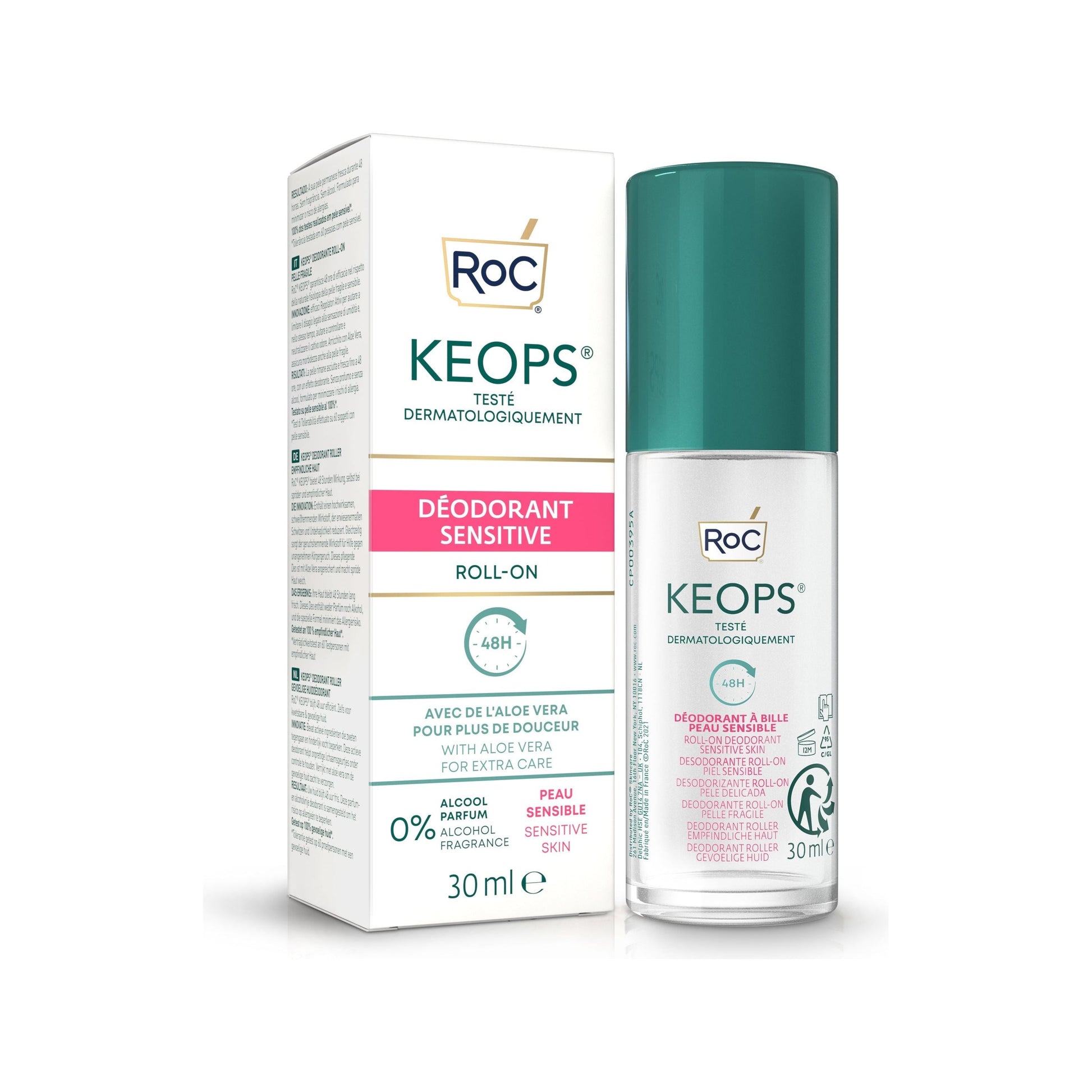 Pasteur Pharmacy Roc Keops Sensitive deodorant roll-on, 30ml/1oz, showing the clear deodorant bottle with label and cap.