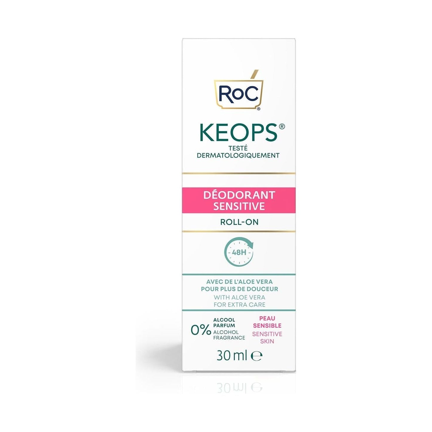Roc Keops Sensitive Deodorant Roll-on 30ml from Pasteur Pharmacy, gentle formula for sensitive skin, clear bottle with roll-on applicator.