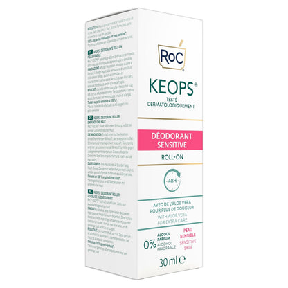 Roc Keops Sensitive deodorant roll-on 30ml by Pasteur Pharmacy showing the sleek, clear roll-on applicator and product label.