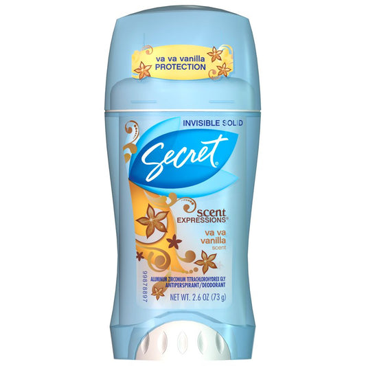 Secret Invisible Solid Deodorant in Cozy Vanilla, 2.6 oz, by Pasteur Pharmacy, showing the deodorant stick and packaging.