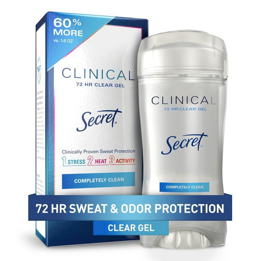 Secret Clinical Strength Clear Gel Antiperspirant and Deodorant for Women in 2.6oz tube, featuring a transparent gel formula.