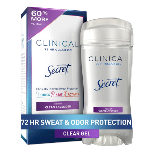 Secret Clinical Strength Clear Gel Antiperspirant deodorant with clean lavender scent, in a sleek transparent container.
