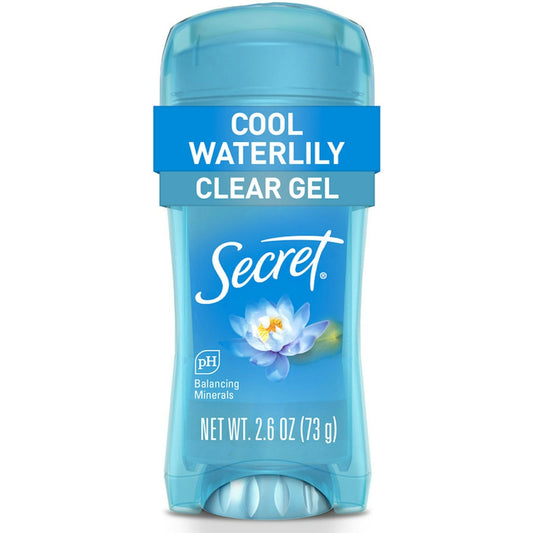 Pasteur Pharmacy Secret Fresh Cool Waterlily Clear Gel Deodorant, 2.6oz, featuring a sleek container and fresh floral design.