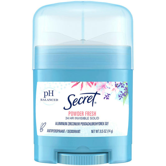 Pasteur Pharmacy Secret Invisible Solid Antiperspirant and Deodorant Stick in Powder Fresh scent, 0.5 oz, with smooth white applicator.