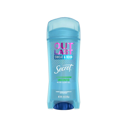 Pasteur Pharmacy Secret Outlast Clear Gel Antiperspirant and Deodorant for Women, unscented, 2.6oz container with a clear gel formula.