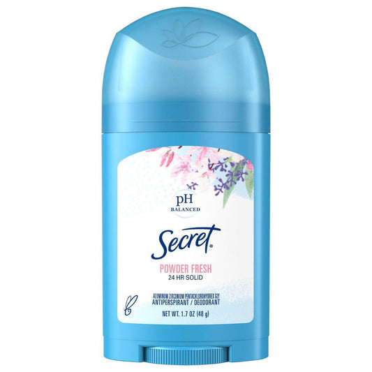 Pasteur Pharmacy Secret Wide Solid Antiperspirant and Deodorant in Powder Fresh scent, 1.7 oz stick with clear packaging.