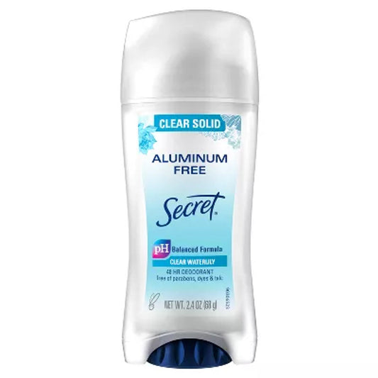 Secret Women's aluminum-free clear solid deodorant in 2.4 oz stick, natural odor protection from Pasteur Pharmacy.