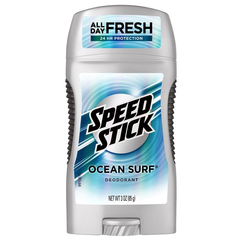 Speed Stick Clear Deodorant for Men in Ocean Surf scent, 3 oz, with a sleek blue stick packaging and fresh scent design.