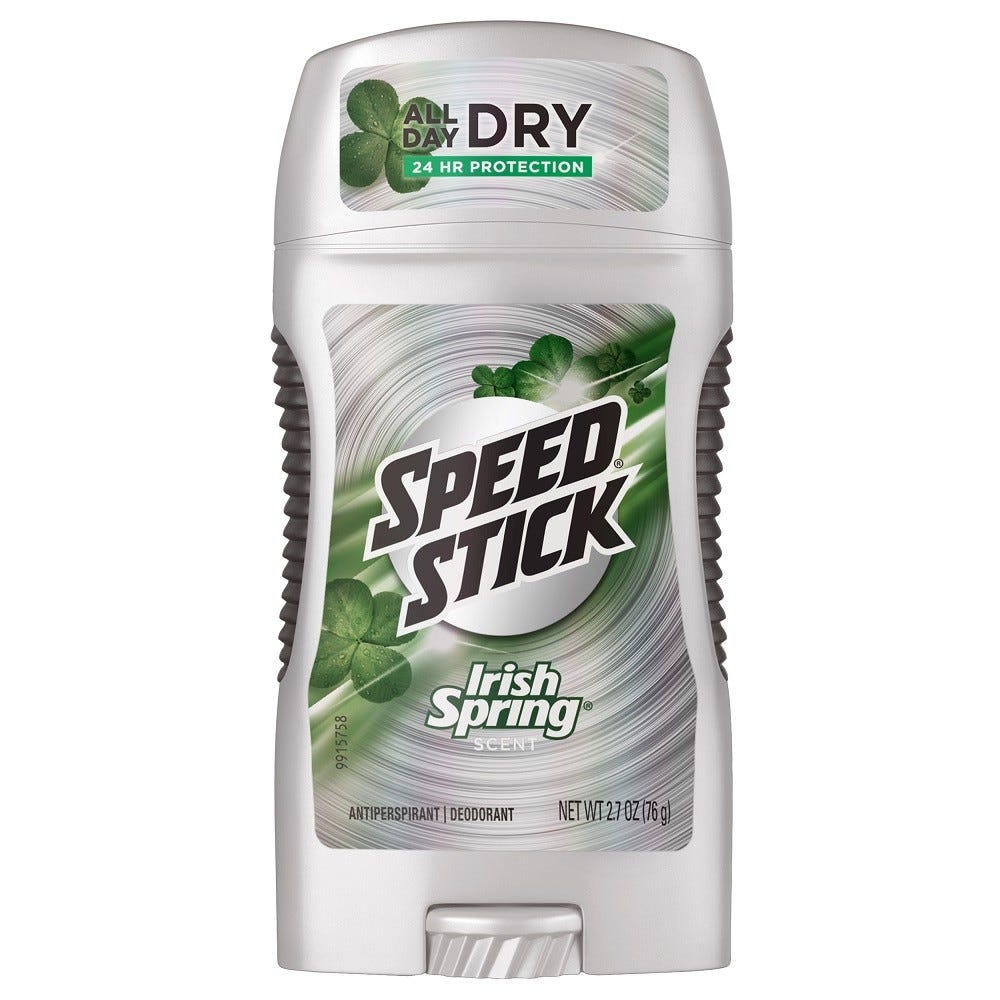 Speed Stick Original Irish Spring antiperspirant deodorant stick, 2.7 oz, in a blue and white packaging with the brand logo visible.
