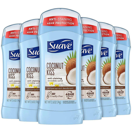 Suave Antiperspirant Deodorant in Coconut Kiss scent, invisible solid stick, 2.6 oz, displayed in a natural setting.