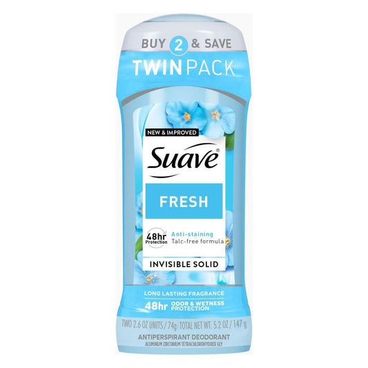 Pasteur Pharmacy Suave Antiperspirant Deodorant twin pack with fresh scent, 2.6 oz each, shown in the image.