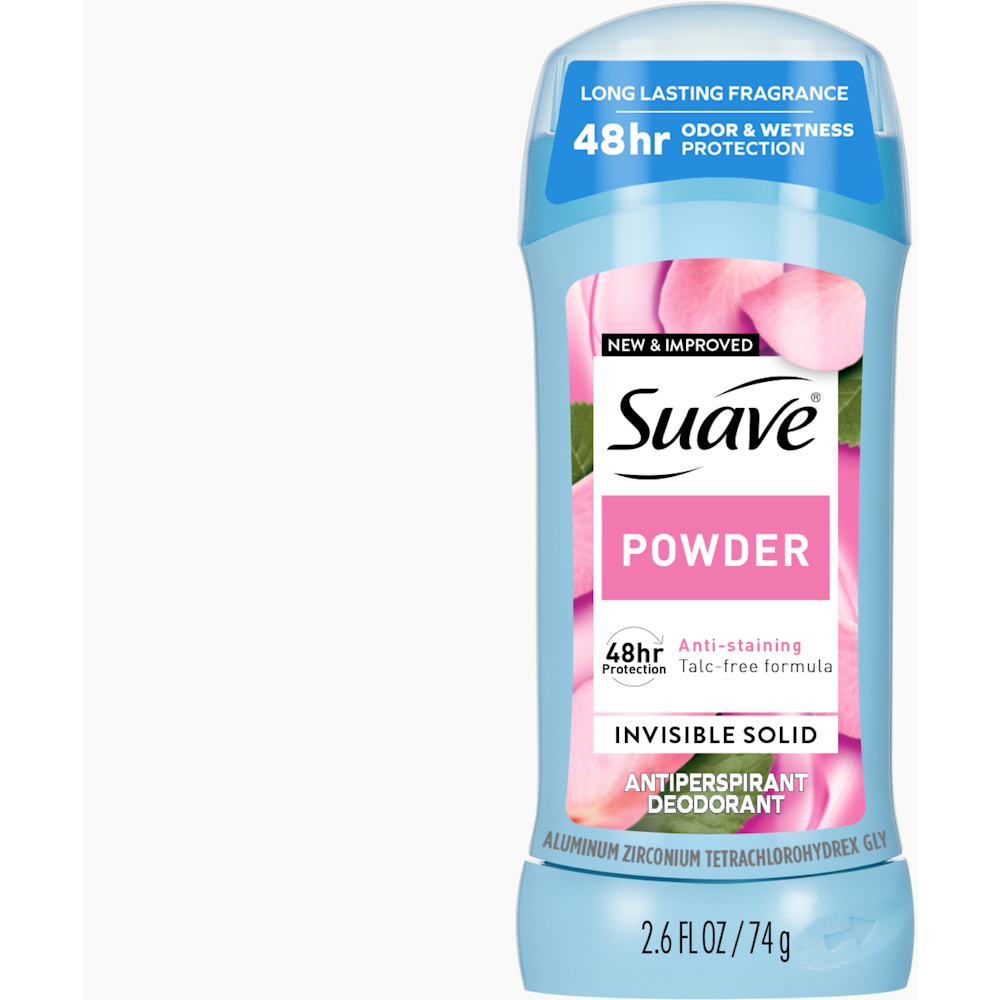 Pasteur Pharmacy Suave Antiperspirant Deodorant in invisible solid powder form, 2.6 fl oz, showing the deodorant stick.