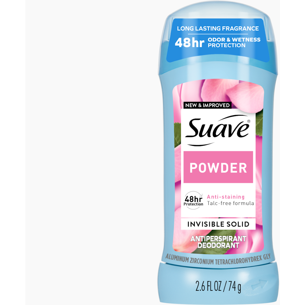 Suave Antiperspirant Deodorant in powder solid form, 2.6 fl oz, shown in a white stick container.