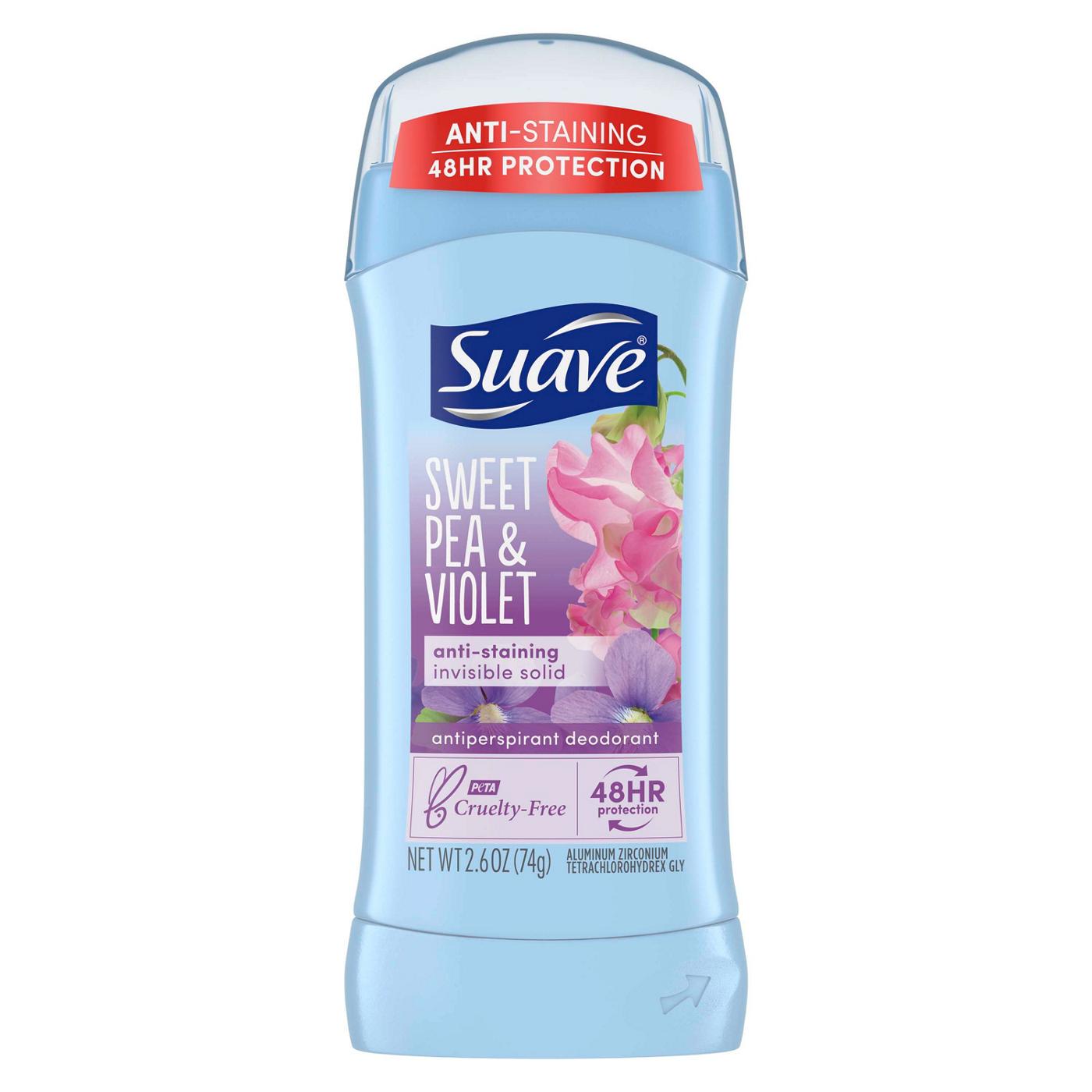 Suave Invisible Solid Sweet Pea & Violet deodorant stick, 2.6 fl oz, in a white container with purple and green accents.