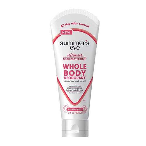 Summer's Eve Whole Body Deodorant Cream by Pasteur Pharmacy, aluminum-free Blissful Escape scent, 3 oz bottle.