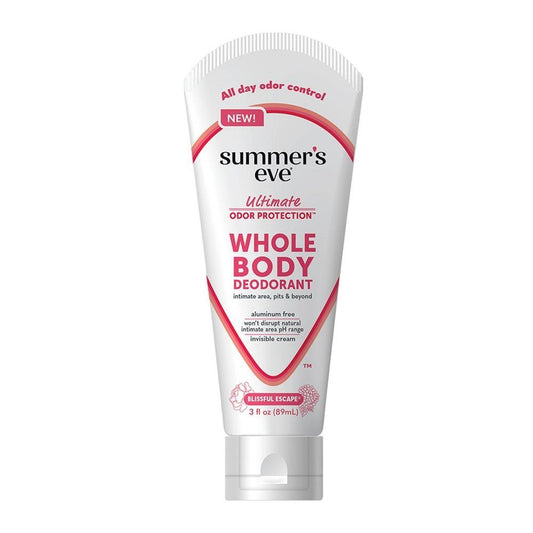 Summer's Eve Whole Body Deodorant Cream by Pasteur Pharmacy, aluminum-free Blissful Escape scent, 3 oz bottle.