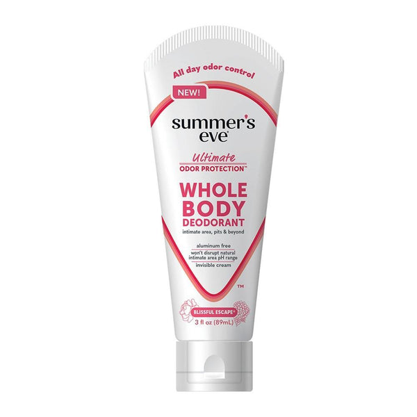 Summer's Eve Whole Body Deodorant Cream by Pasteur Pharmacy, aluminum-free Blissful Escape scent, 3 oz bottle.
