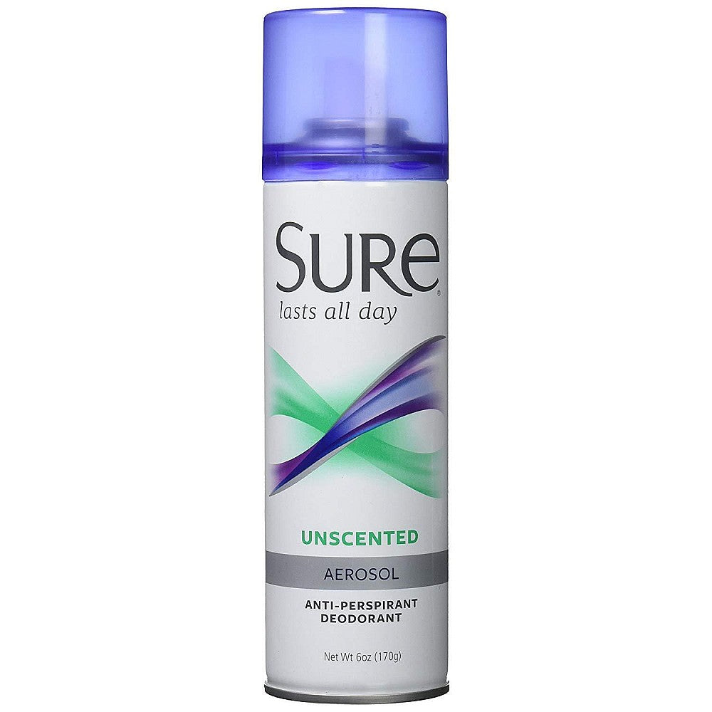 Sure Aerosol Unscented Anti-Perspirant Deodorant in 6 oz can, featuring a plain white aerosol container with the Pasteur Pharmacy label.