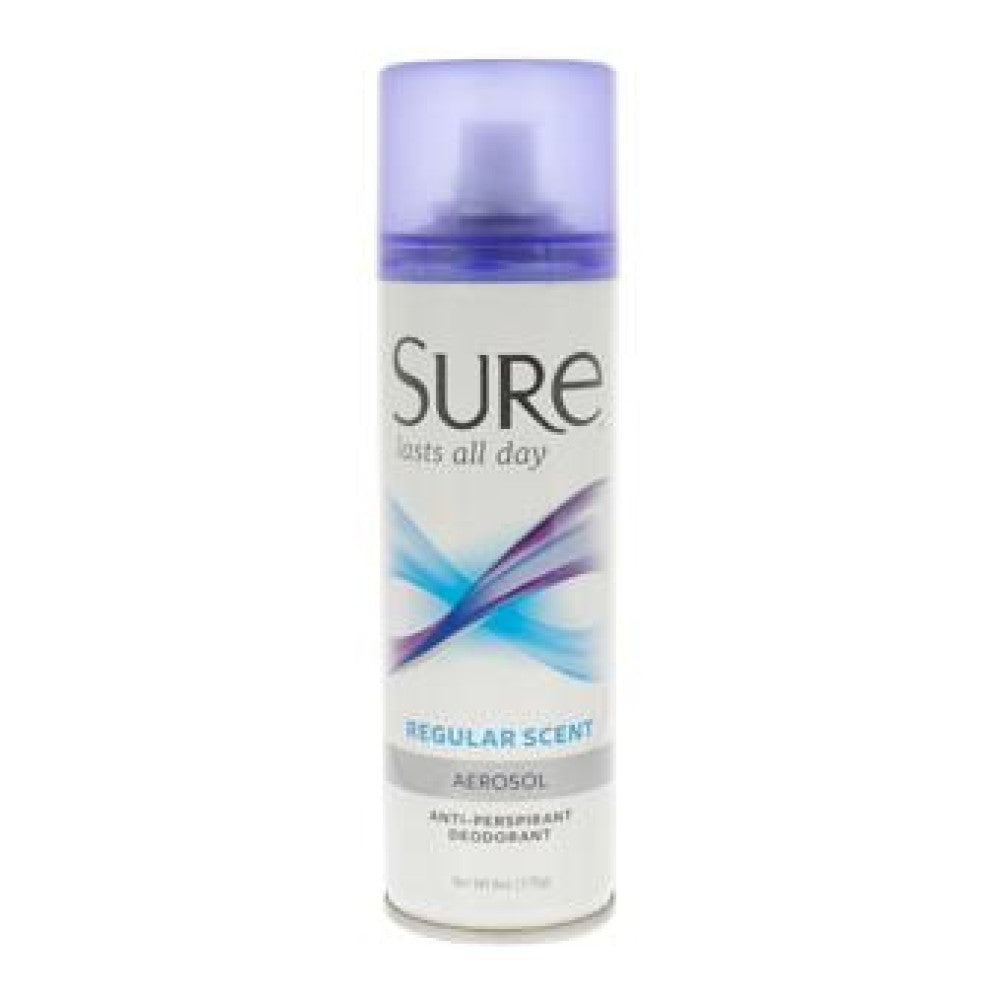 Sure Anti-Perspirant Deodorant aerosol spray in regular scent, 6 oz, with a white can and blue cap.
