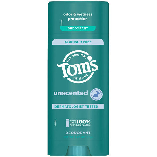 Tom's of Maine unscented aluminum-free deodorant stick, 3.25 oz, natural deodorant for sensitive skin.