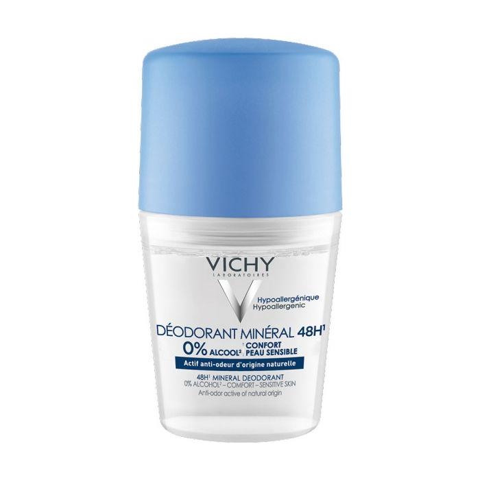 Vichy Mineral Roll-On Deodorant for 48 hours, 1.69 oz, natural mineral formula in a clear roll-on bottle.
