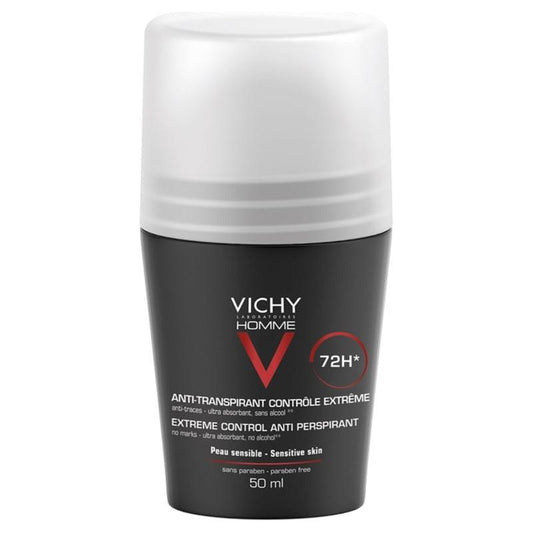 Vichy Homme 72 Hour Roll-on Deodorant for Sensitive Skin in 50ml bottle, designed for men’s daily freshness and skin comfort