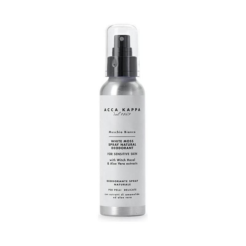 Acca Kappa White Moss natural deodorant spray in a 4.2 oz bottle, featuring a sleek design and white moss scent.