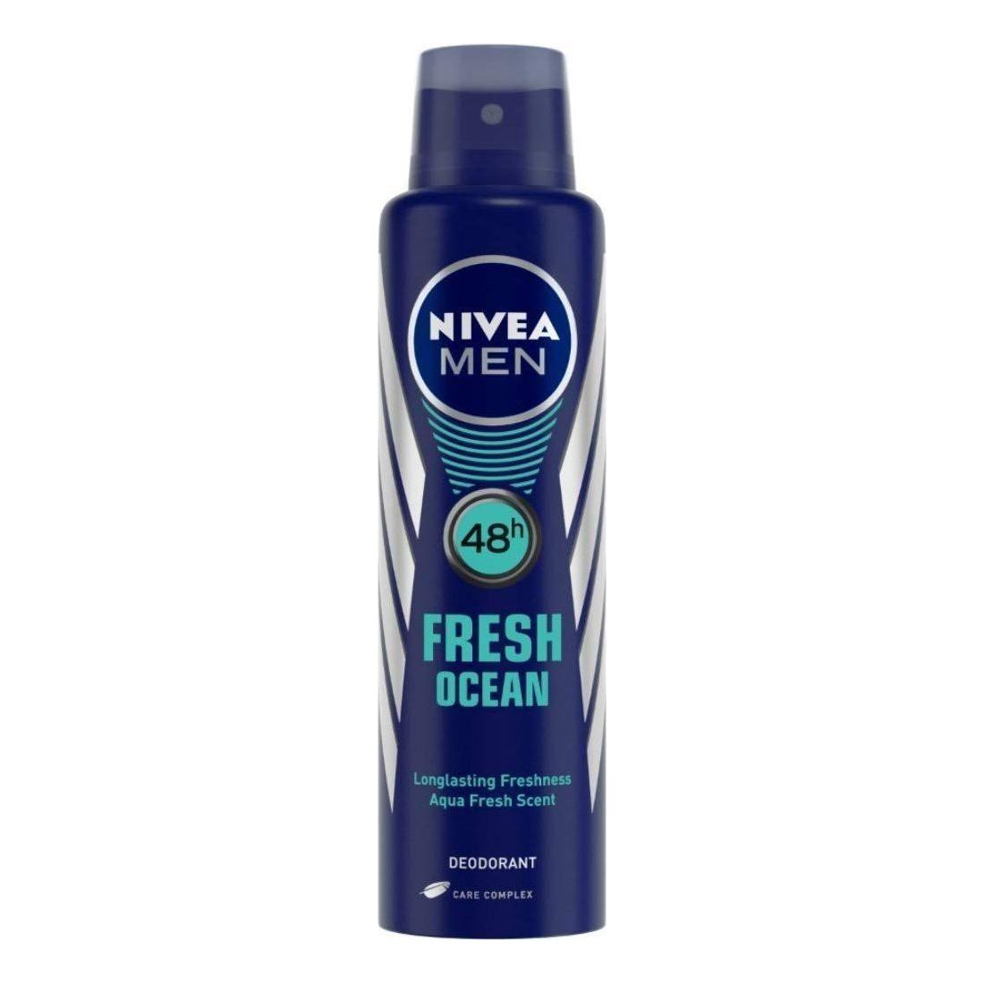 Nivea Men Fresh Ocean Deodorant Spray, 150ml, in a blue aerosol can with a white cap, designed for 48-hour freshness