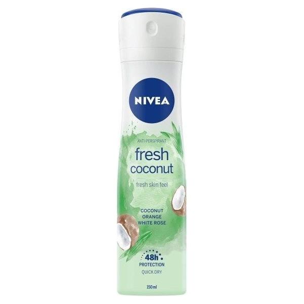 Nivea Fresh Coconut Deodorant Spray in 150 ml bottle, featuring a coconut scent, displayed upright on a plain background.