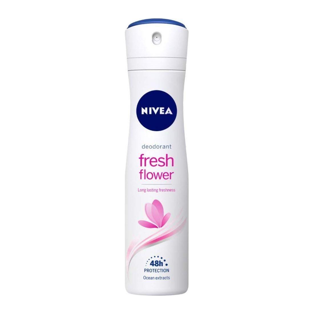 Nivea Fresh Flower deodorant spray in 150ml bottle with floral label, long-lasting freshness for 48 hours.
