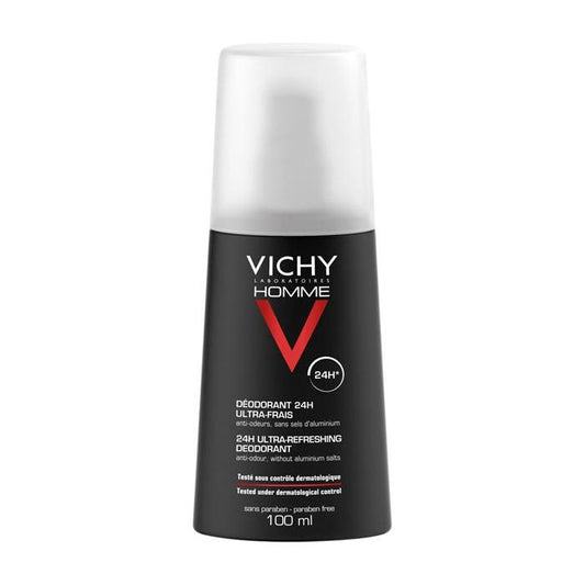 Vichy Homme 24H Ultra-Fresh Deodorant Spray in 100 ml bottle, natural spray with fresh scent for men