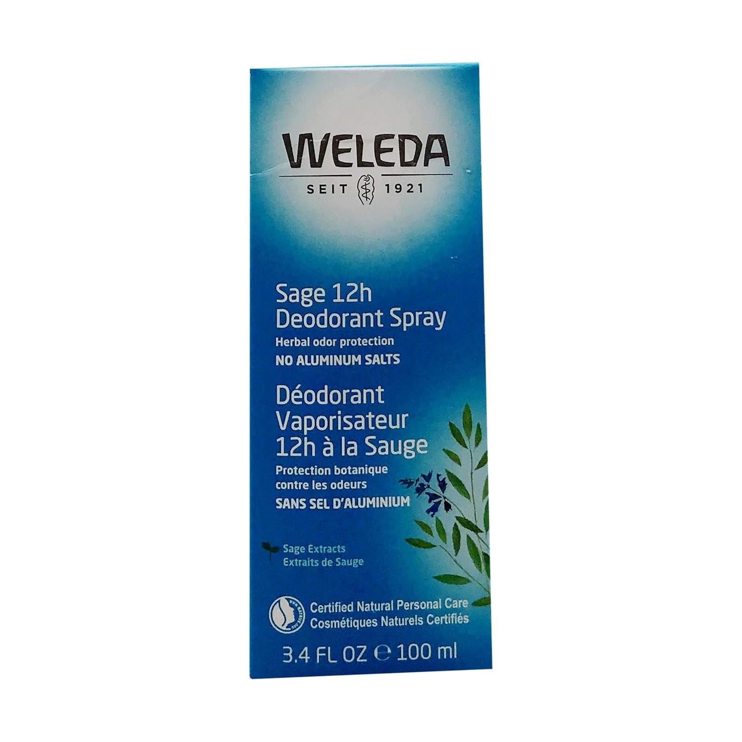 Weleda Sage Deodorant Spray in 3.4 oz bottle with natural sage scent, designed for freshness and odor protection.