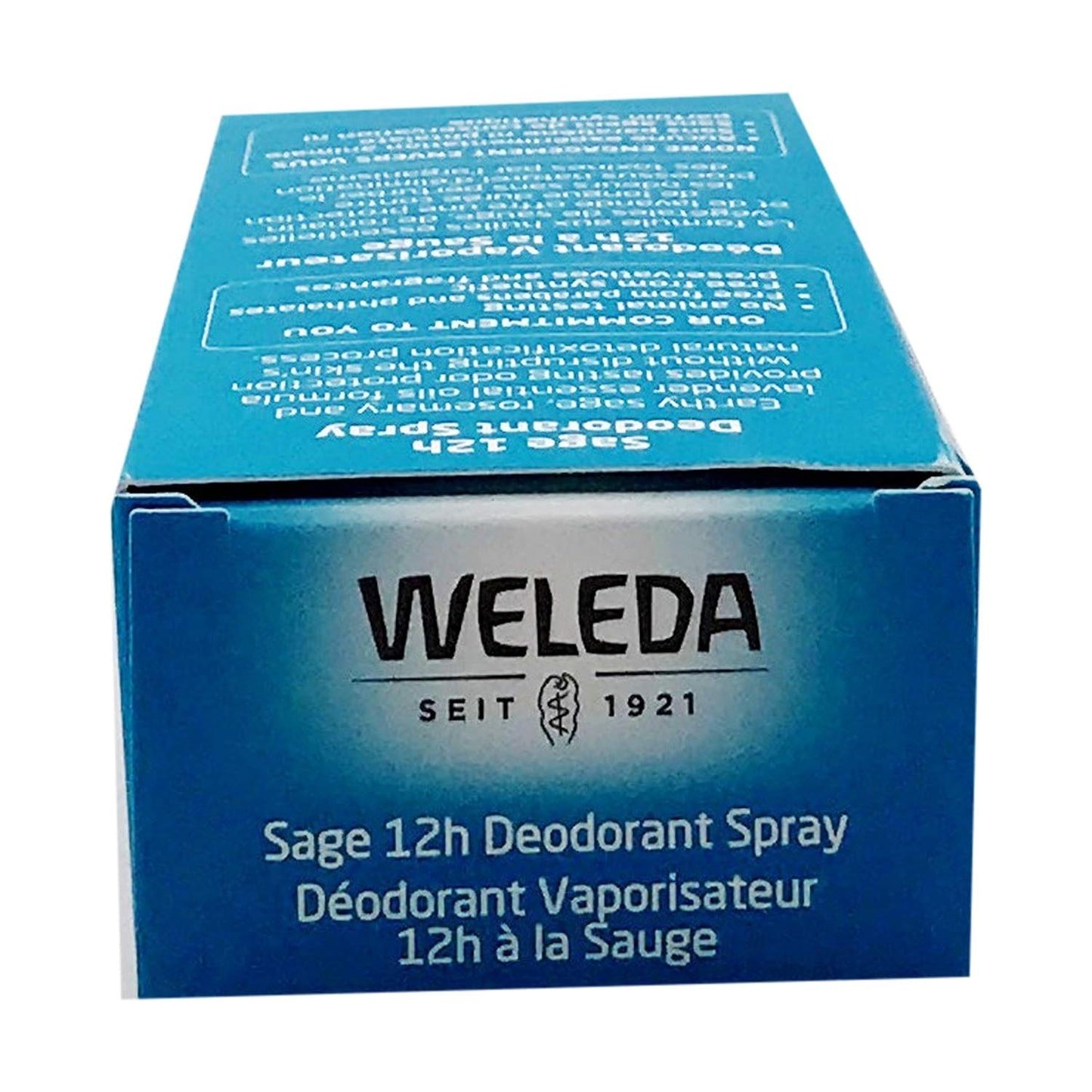 Weleda Sage Deodorant Spray in 3.4 oz bottle, natural deodorant with herbal sage scent, shown in a clear spray bottle.