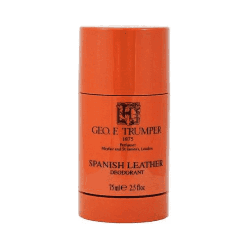 Geo.F. Trumper Spanish Leather deodorant stick in 75ml, natural deodorant with a leather scent, displayed on a neutral background.