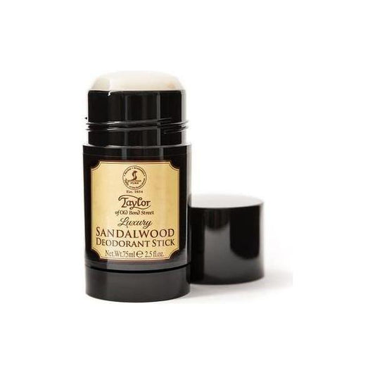 Taylor of Old Bond Street sandalwood deodorant stick in a 2.5 oz tube, natural scent, creamy texture, and easy to apply.
