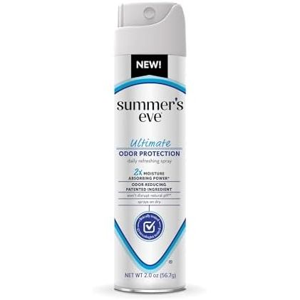 Summer's Eve Ultimate Odor Protection Dry Deodorant Spray in 2 oz, natural spray bottle with deodorant product label visible.