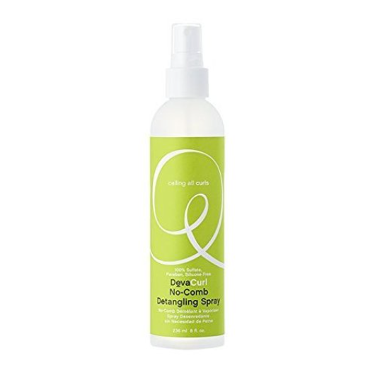 DevaCurl No-Comb Detangling Hair Spray in 8 oz bottle, natural spray for gentle detangling and styling of curly hair.